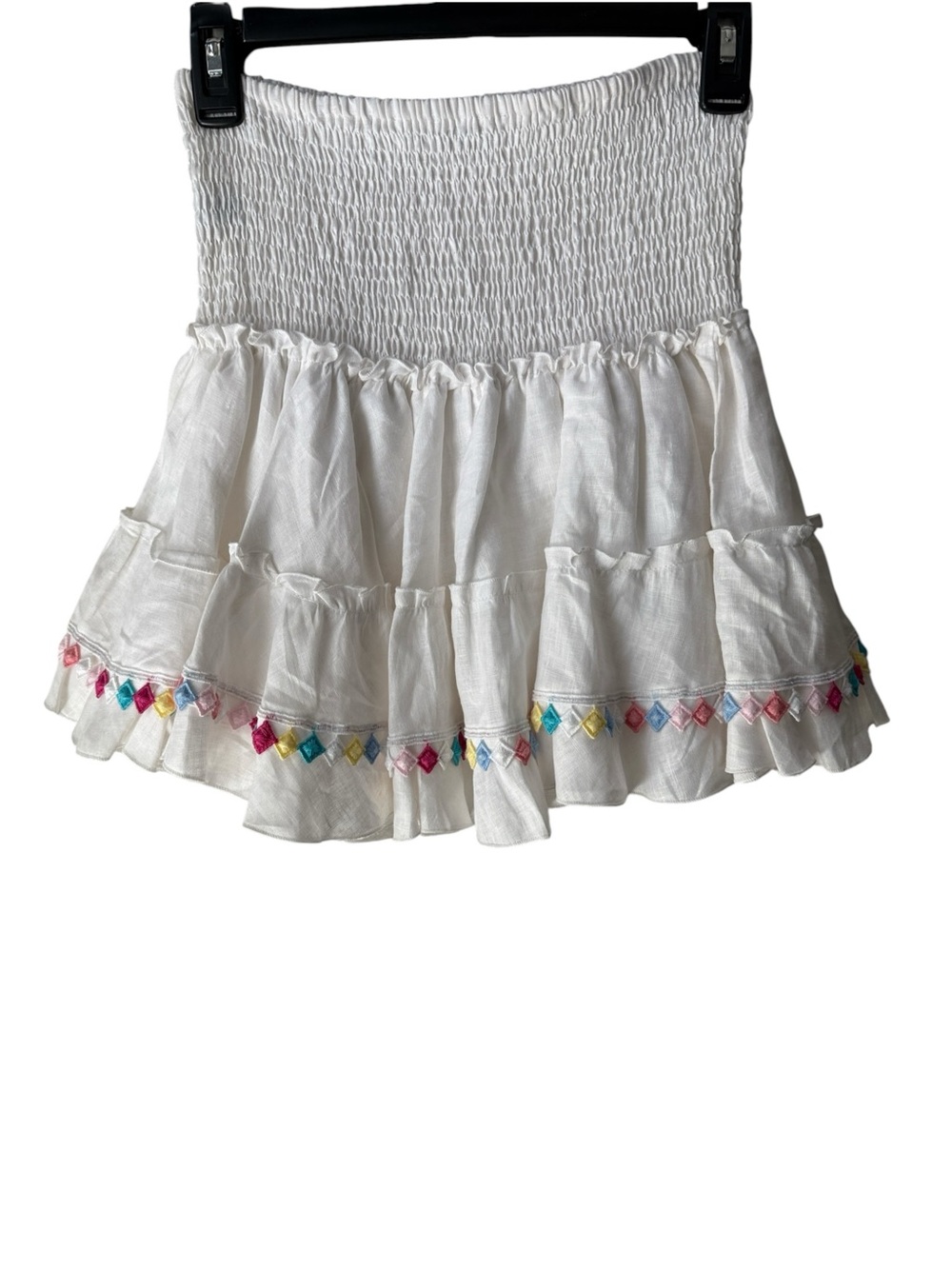 Idillio Positano White Linen Smocked Embroidered Ruffle Mini Skirt  Size XS/S